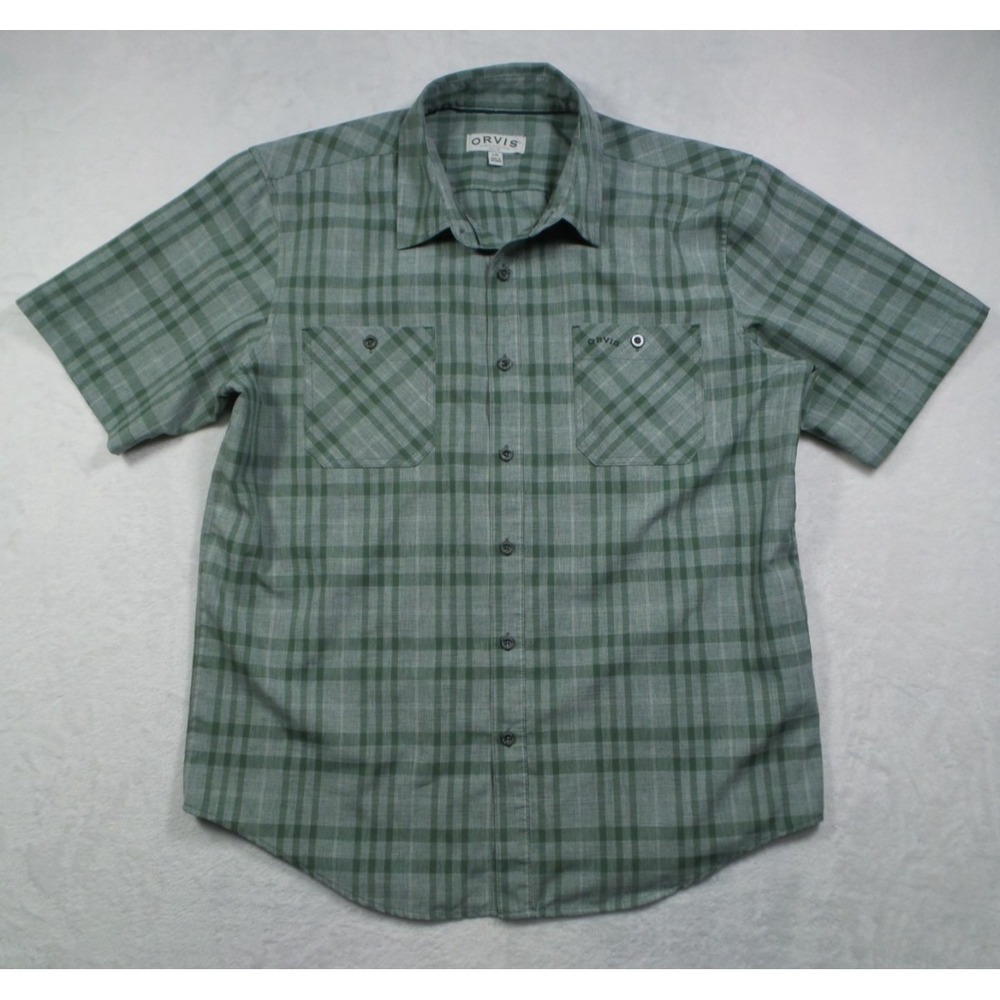 Orvis Shirt Mens Size Large Green Button Up Plaid Short Sleeve Tech Pockets
